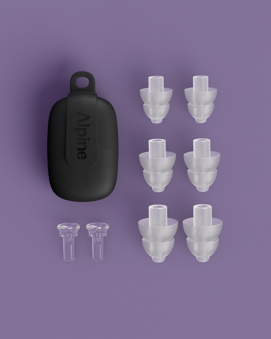 Alpine PartyPlug festivaloordoppen overzicht inclusief opzetstukken in meerdere maten en etui transparant